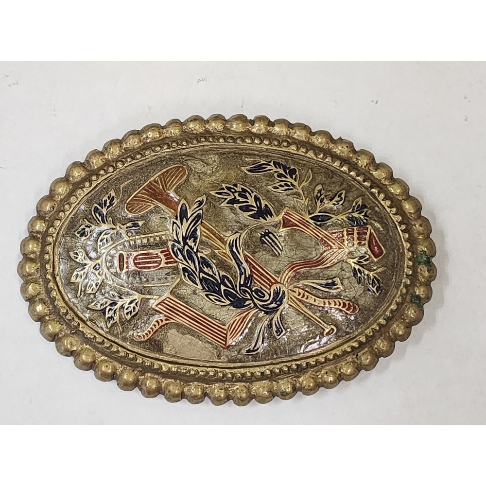 Belt Buckle Made in INDIA Enamel‎ Metal Art marked LJ7213-5 Oval Shaped